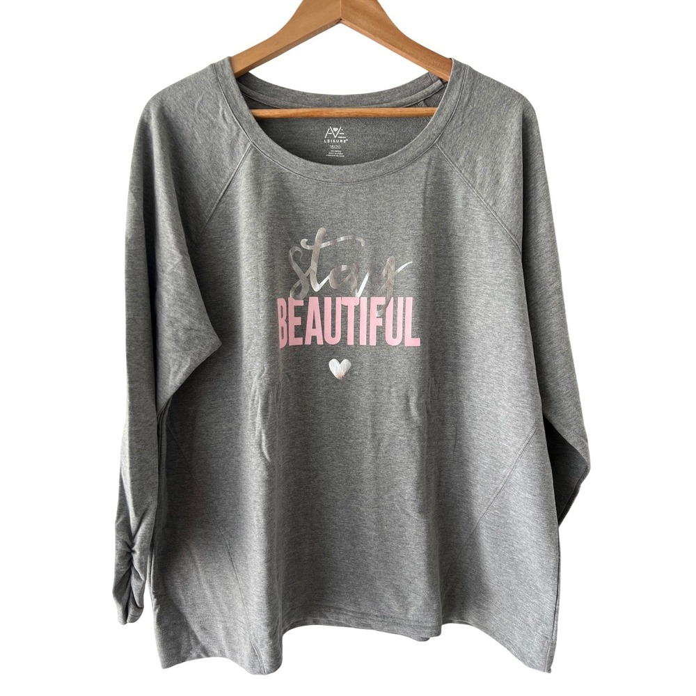 Ave Leisure Womens Gray Stay Beautiful Graphic Tee Ruched‎ Sleeve Casual 18/20